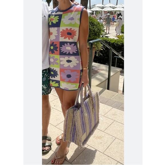 Louna Knit Shift Mini Dress Crew Neck Sleeveless Blue Printed Floral Multi SZ XS - Picture 11 of 11